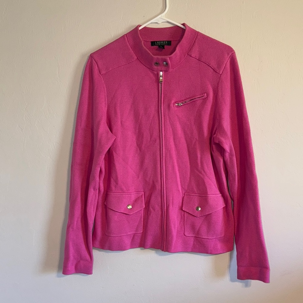 Lauren Ralph Lauren Women's Sweater Zip Cardigan Pink Barbie Old Money XL